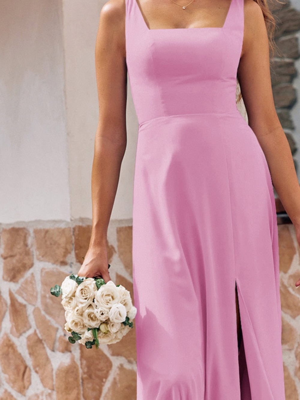 Chiffon Square-Neck Pink Wedding Maxi Dress